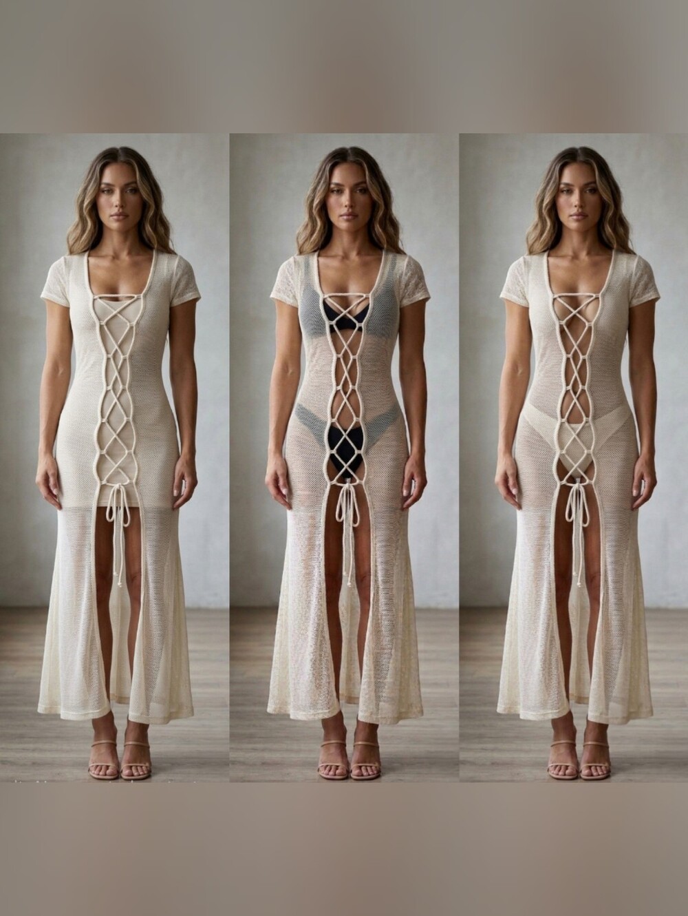 NWT ViX Paula Hermanny Hannah Mesh Lace Up Cover Up Dress Off White XS